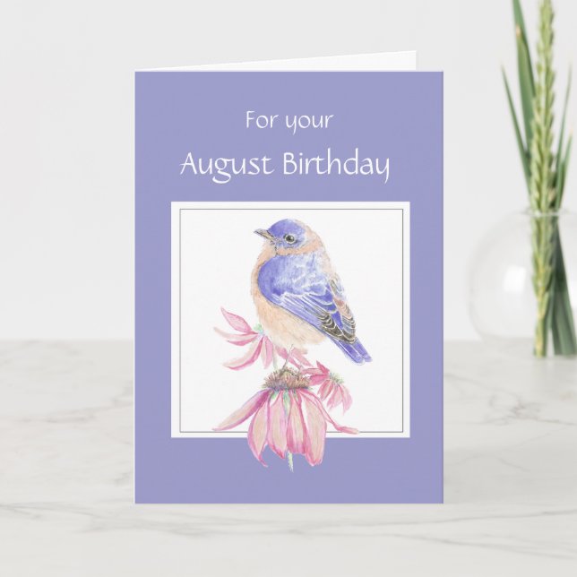 Tarjeta Cumpleaños de Agosto, Bluebird y Flor (Anverso)