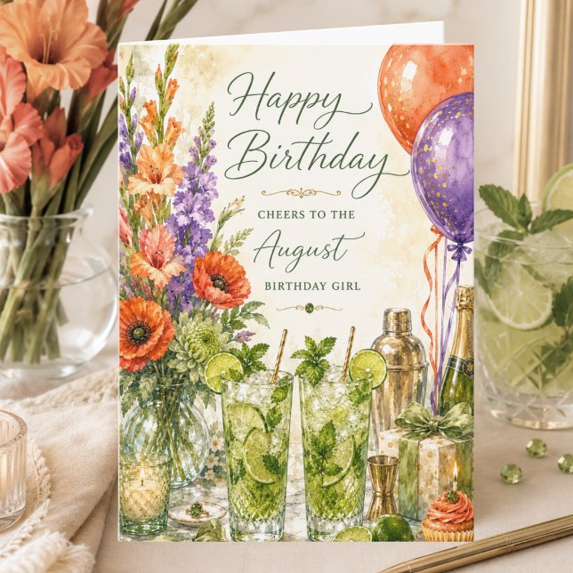 Tarjeta Cumpleaños de agosto Chica Cóctel Cumpleaños (Subido por el creador)