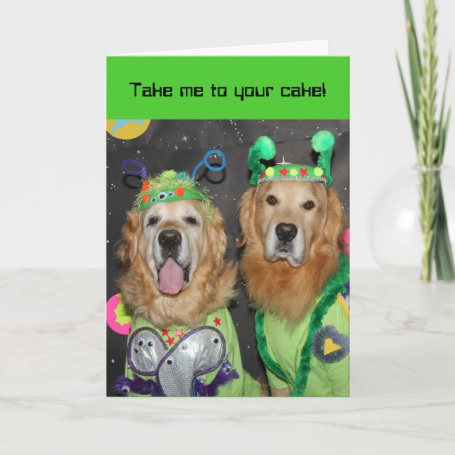 Tarjeta Cumpleaños de Aliens Golden Retriever (Anverso)