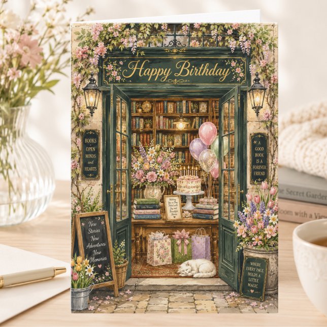 Tarjeta Cumpleaños de amante de libros en la librería flor (Subido por el creador)
