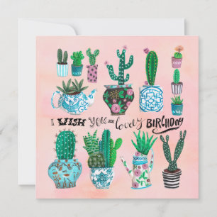 Tarjeta Cumpleaños de amante de plantas de cactus rosa y v
