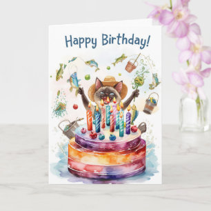 Tarjeta Cumpleaños de amantes de la pesca con acuarela de