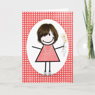 Tarjeta Cumpleaños de amiga Figura de palo chica en gingha