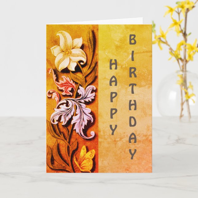 Tarjeta Cumpleaños de arte de flores y hojas (flor amarilla)