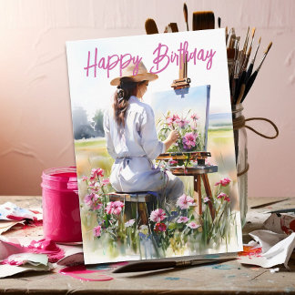 Tarjeta Cumpleaños de artista femenina pintando flores en