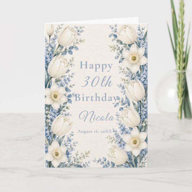 Tarjeta Cumpleaños de azul polvoriento y blanco (Anverso)