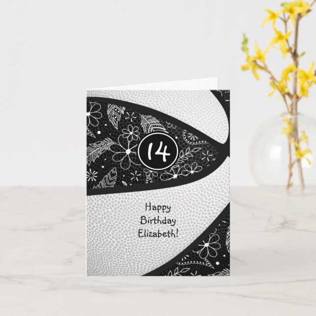 Tarjeta cumpleaños de baloncesto femenino boho doodle negr (flor amarilla)