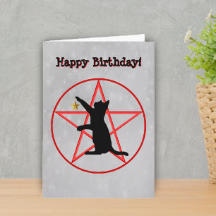 Tarjeta Cumpleaños de Bruja Gato Negro Pentagrama Rojo Cír