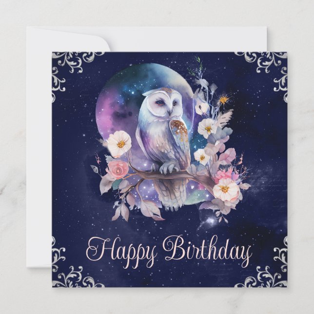 Tarjeta Cumpleaños de búho de fantasía celestial en acuare (Anverso)