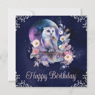 Tarjeta Cumpleaños de búho de fantasía celestial en acuare