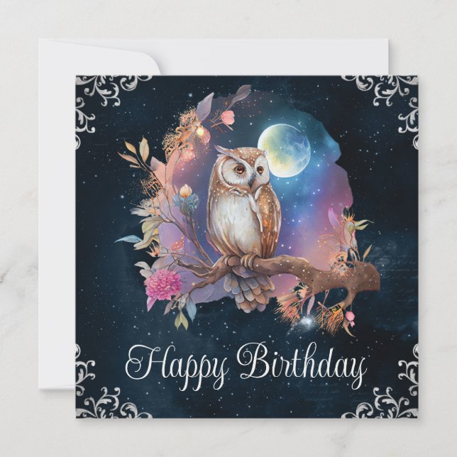 Tarjeta Cumpleaños de búho de fantasía celestial en acuare (Anverso)