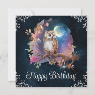 Tarjeta Cumpleaños de búho de fantasía celestial en acuare