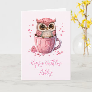 Tarjeta Cumpleaños de búho rosa lindo en una taza