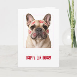 Tarjeta Cumpleaños de Bulldog Francés con Besos de Labial