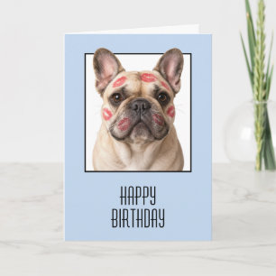 Tarjeta Cumpleaños de Bulldog Francés con Besos de Labial