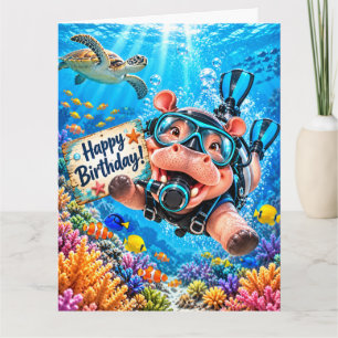 Tarjeta Cumpleaños de buzo Hipopótamo buceando bajo el agu