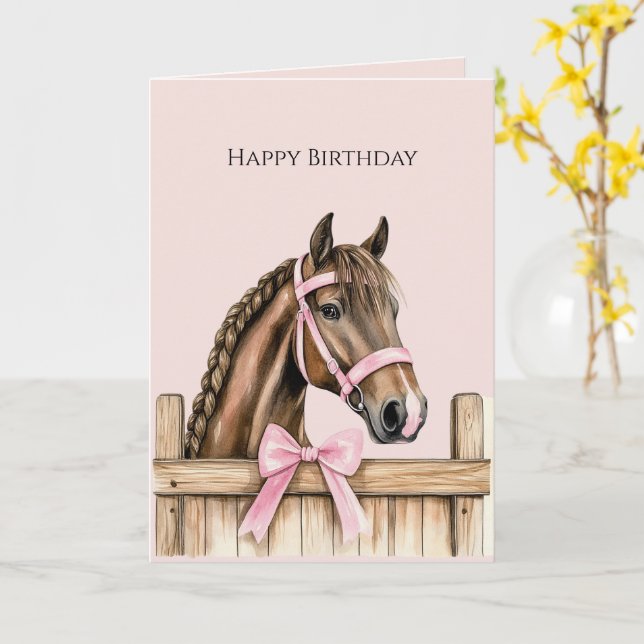 Tarjeta Cumpleaños de caballo con lazo rosa y cerca (flor amarilla)
