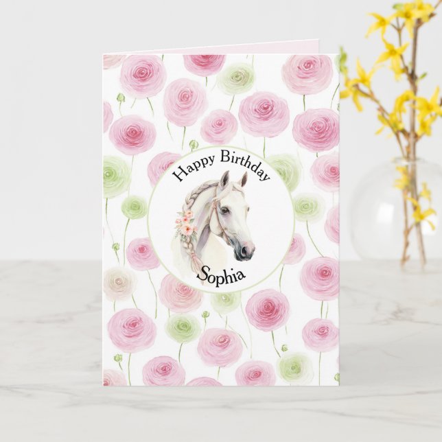 Tarjeta Cumpleaños de caballo con ranúnculo de menta rosa  (flor amarilla)