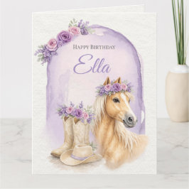 Tarjeta Cumpleaños de caballo floral púrpura para niñas
