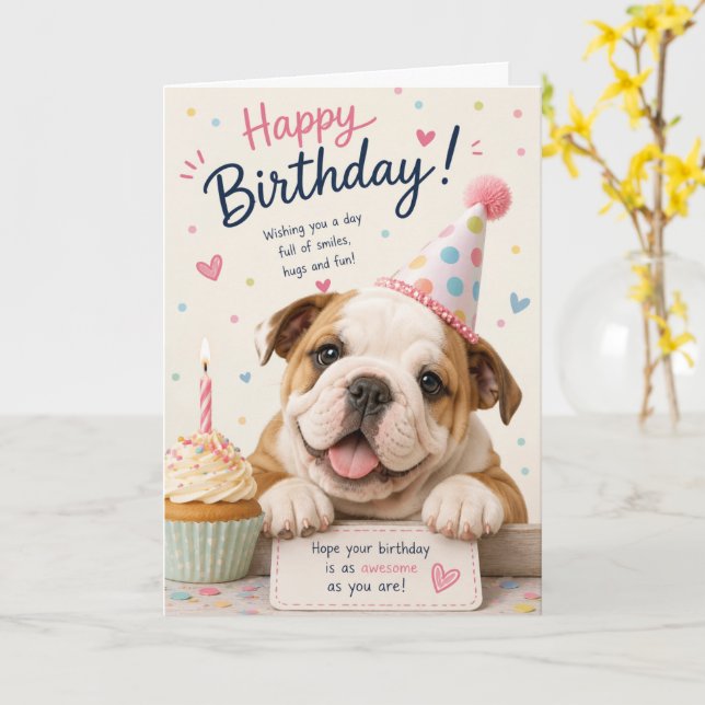 TARJETA CUMPLEAÑOS DE CACHORRO DE BULLDOG INGLÉS ADORABLE (flor amarilla)
