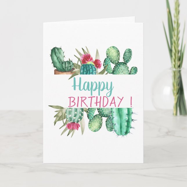 Tarjeta Cumpleaños de Cactus con Acuarela Chic (Anverso)