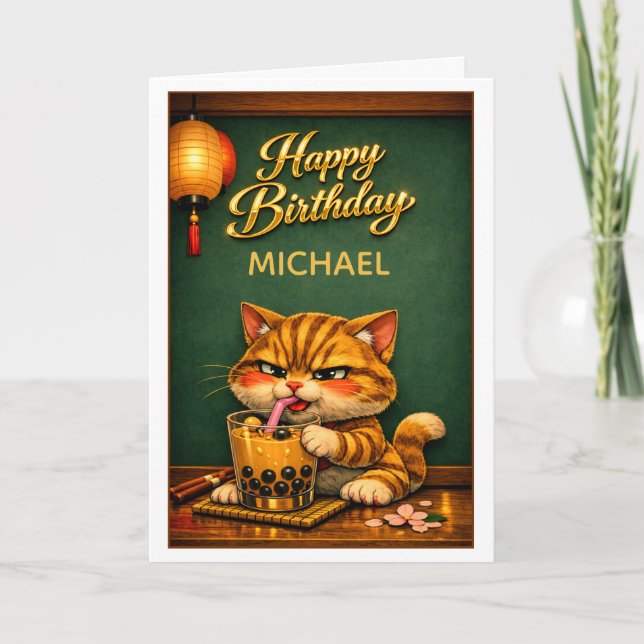 Tarjeta Cumpleaños de Chibi Neko Gato Tigre Boba Bubble Te (Anverso)