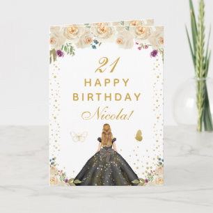 Tarjeta Cumpleaños de chica de pelo rubio floral crema