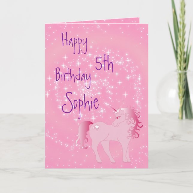 Tarjeta Cumpleaños de Chica de unicornio rosa y blanco (Anverso)