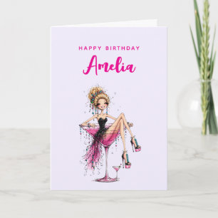 Tarjeta Cumpleaños de chica linda y coqueta en una copa de