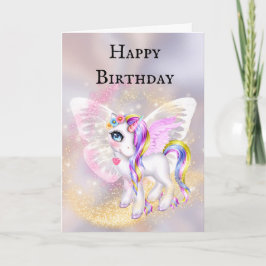 Tarjeta Cumpleaños de chicas de hadas de unicornio de oro 