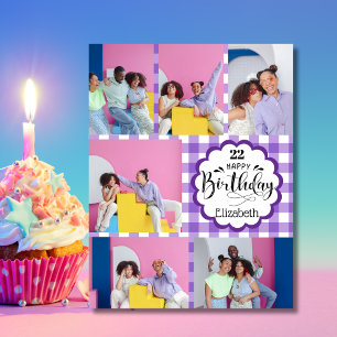 Tarjeta Cumpleaños de Collage de 7 Fotos Morado Femenino p