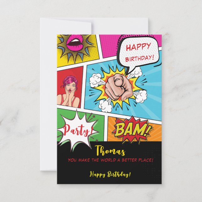 Tarjeta cumpleaños de comedia de arte pop (Anverso)