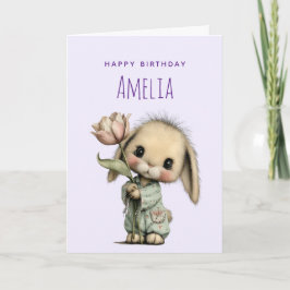Tarjeta Cumpleaños de conejito lindo sosteniendo un tulipá