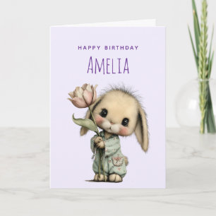 Tarjeta Cumpleaños de conejito lindo sosteniendo un tulipá