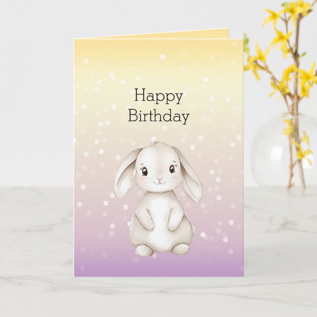 Tarjeta Cumpleaños de conejo con puntos bokeh amarillos mo (flor amarilla)