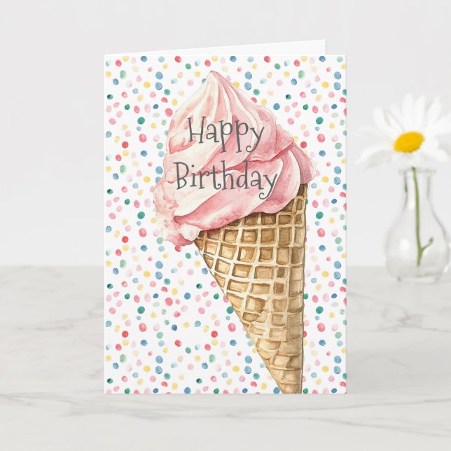 Tarjeta Cumpleaños de confeti de cono de helado rosa (Planta pequeña)