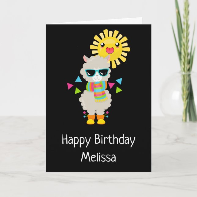 Tarjeta Cumpleaños de Cool Llama y Sol Kawaii Sonriente (Anverso)