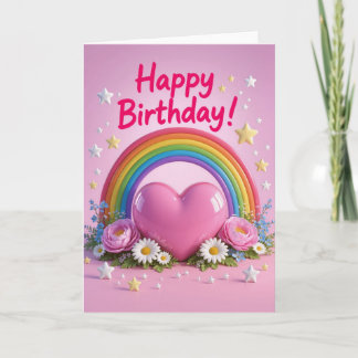 Tarjeta Cumpleaños de corazón de amor arcoíris y rosa