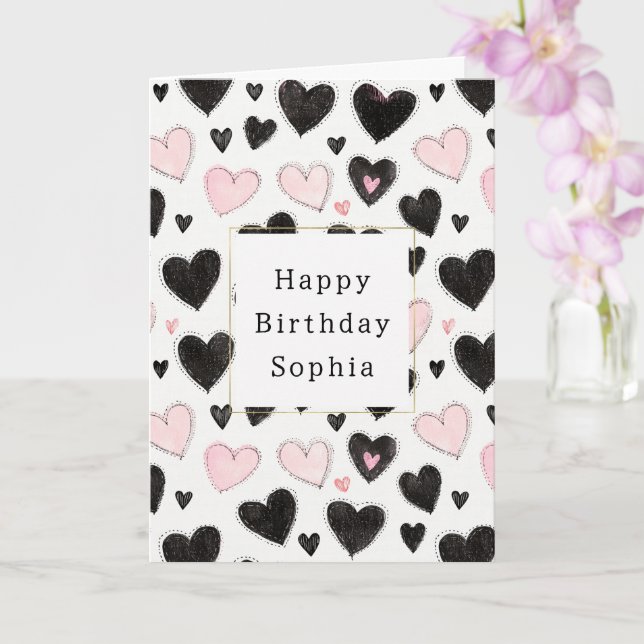 Tarjeta Cumpleaños de corazones negros rosados (Orquídea)