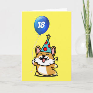 Tarjeta Cumpleaños de Corgi en Globo Amarillo y Azul