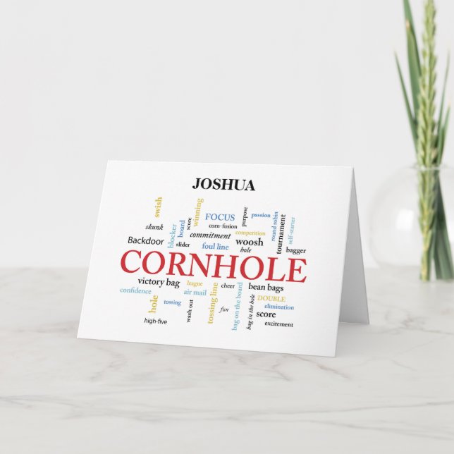 Tarjeta Cumpleaños de Cornhole en la nube de palabras desc (Anverso)