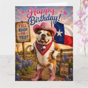 TARJETA CUMPLEAÑOS DE COWGIRL TEXAS CON BULLDOG INGLÉS