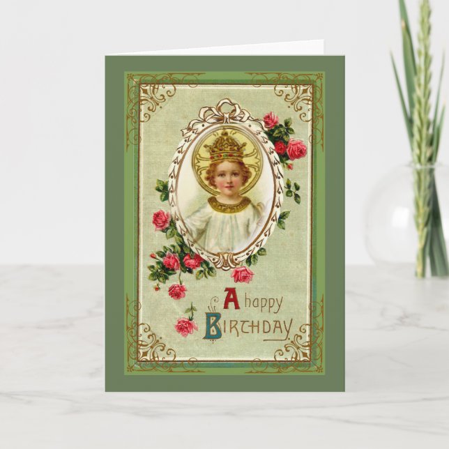 Tarjeta Cumpleaños de Cristo el Rey Niño Jesús Rosas (Anverso)