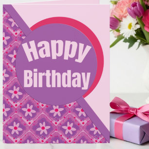 Tarjeta Cumpleaños de Cuadrados Modernos Morados y Rosas c