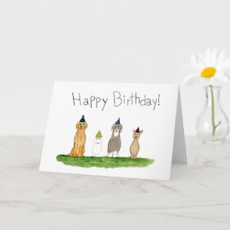 Tarjeta Cumpleaños de cuatro perros con sombreros de fiest