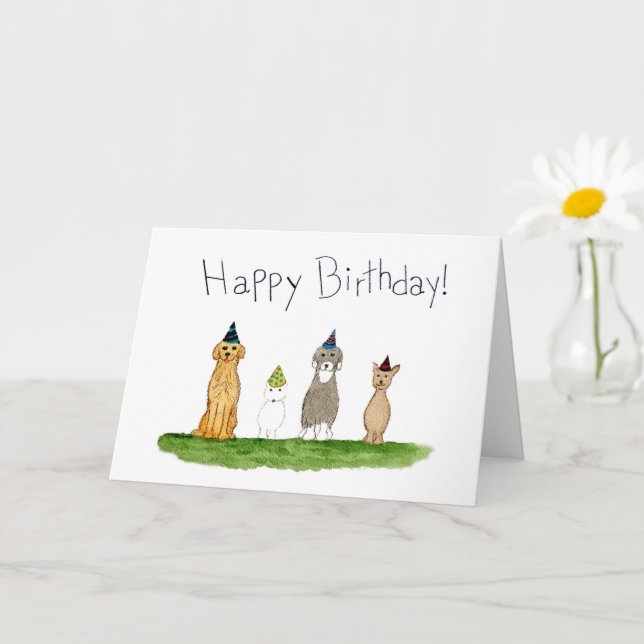 Tarjeta Cumpleaños de cuatro perros con sombreros de fiest (Planta pequeña)