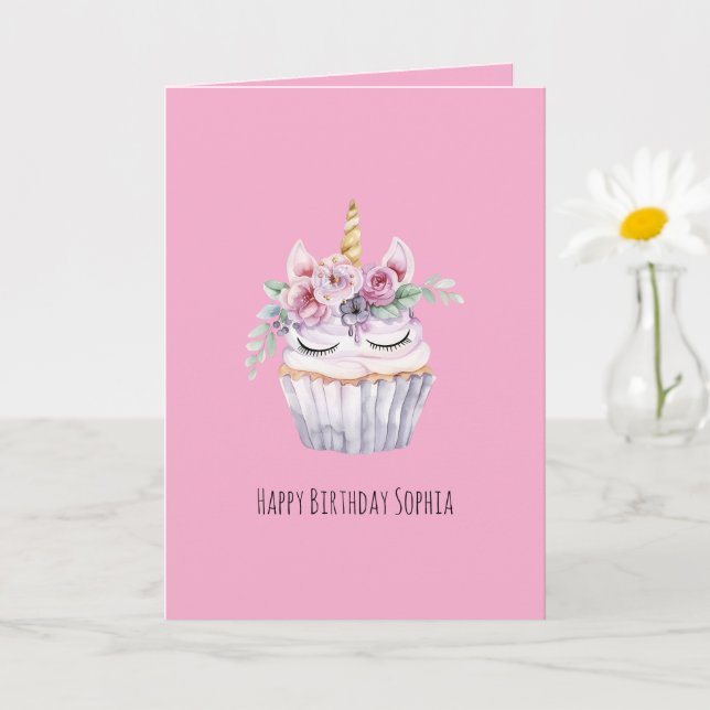 Tarjeta Cumpleaños de Cupcake Floral de Unicornio Rosa (Planta pequeña)