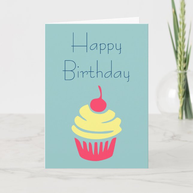 Tarjeta Cumpleaños de Cupcake Rosa y Amarillo con Cereza E (Anverso)
