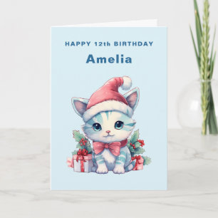 Tarjeta Cumpleaños de Cute Kitty Cat con sombrero de Santa