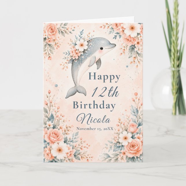 Tarjeta Cumpleaños de delfín floral (Anverso)